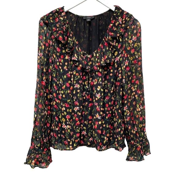 J.CREW Floral Blouse Size Small Black Red Metallic Long Sleeve Ruffle Peasant To - Picture 4 of 13